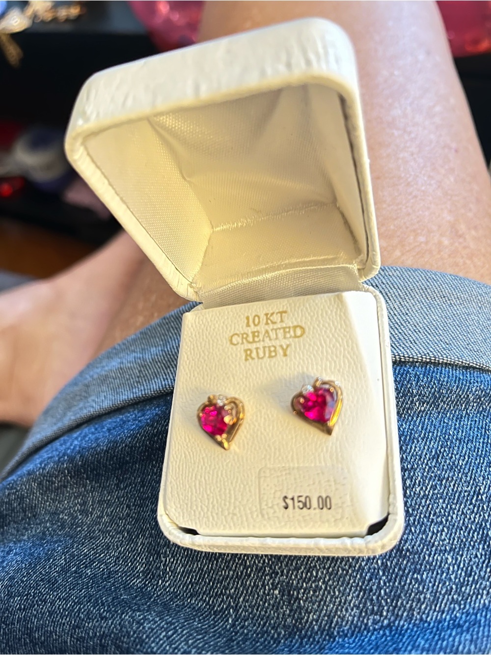 10KT Gold Heart Ruby Stud Earrings - Pink Created Ruby